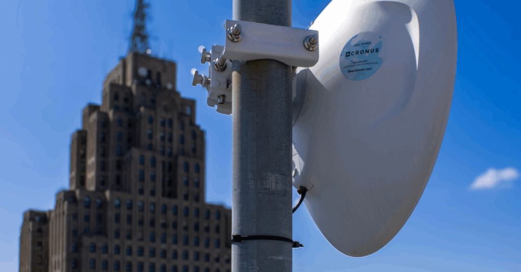 5G fixed wireless antenna installation on Detroit business building