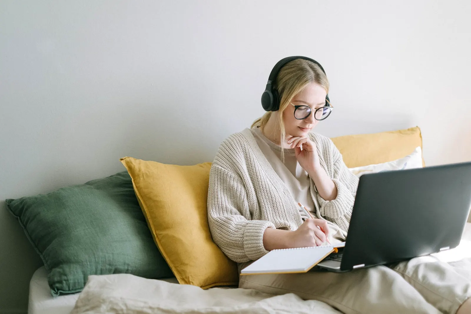 Remote employee using VoIP with a headset