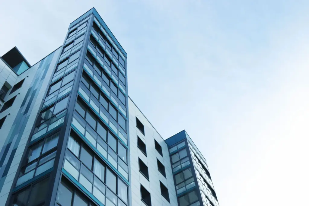 Glass office tower in a commercial district