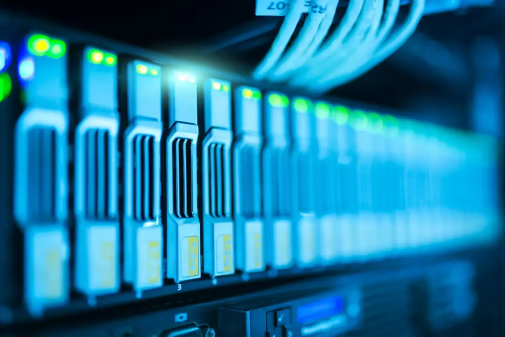 Fiber optic network switch with glowing connections