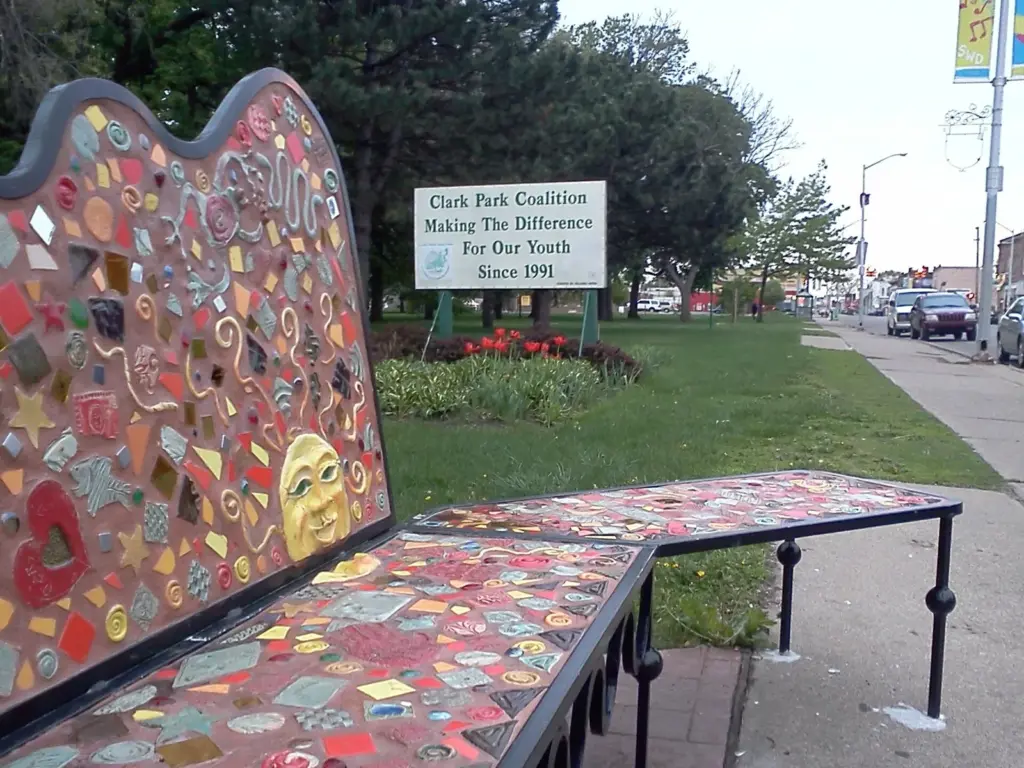 Mosaic bench at Clark Park in Southwest Detroit