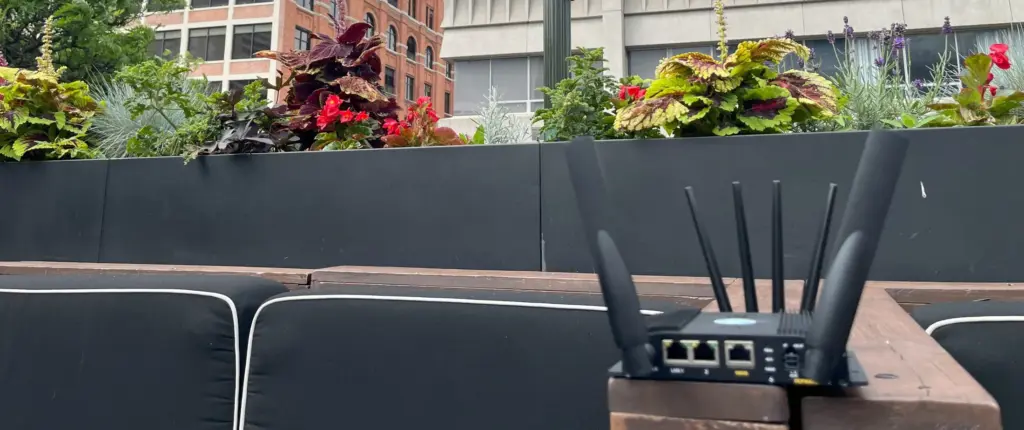 Cronus 5G SD-WAN router providing internet on a downtown Detroit patio