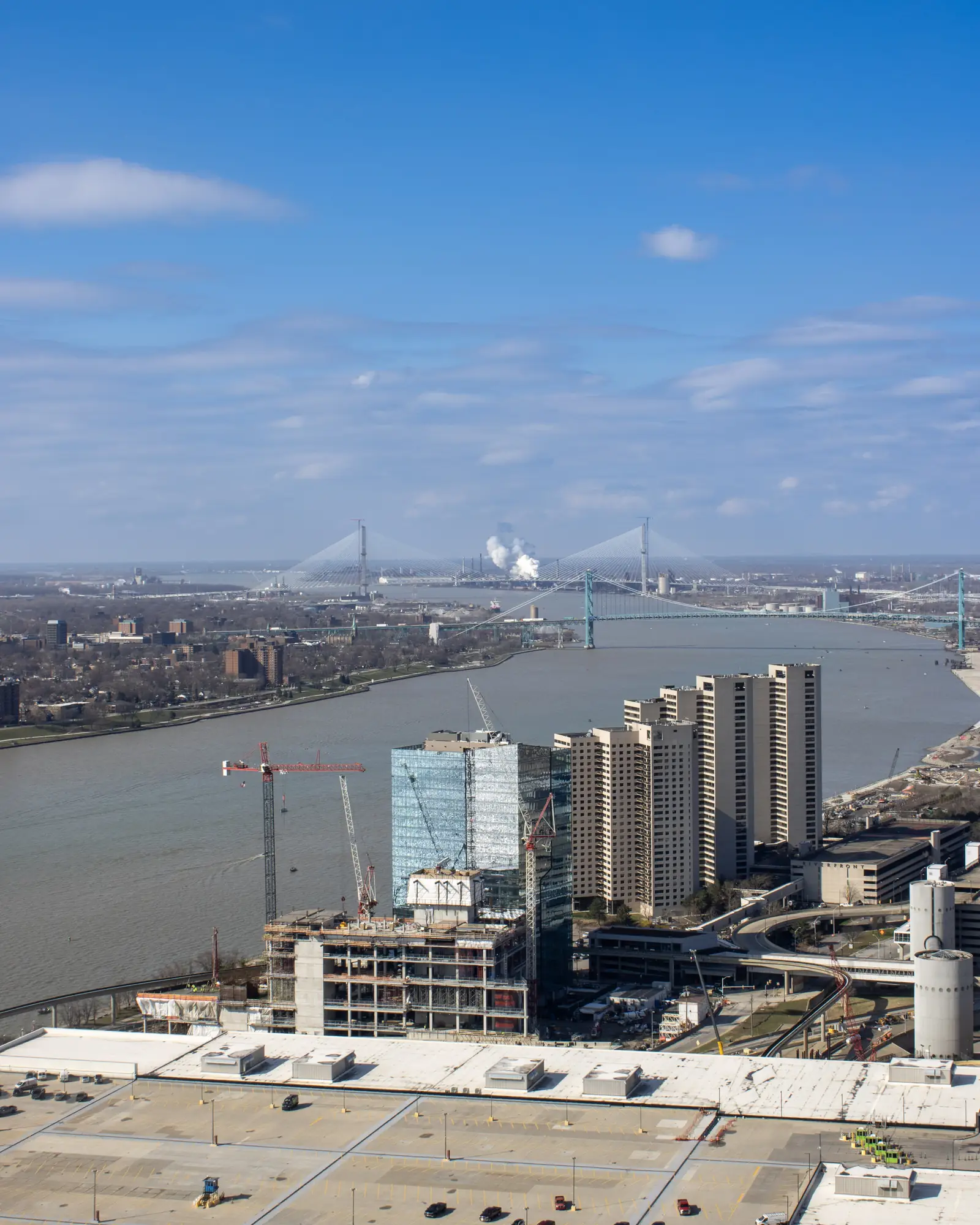 Detroit riverfront buildings from above