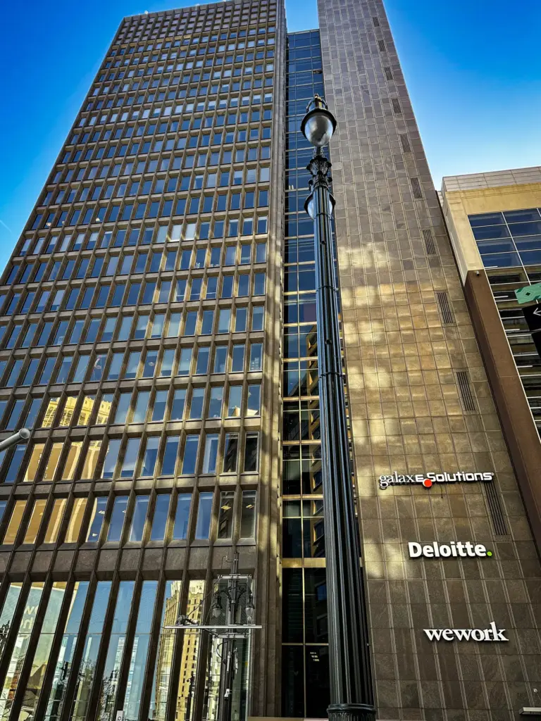 Glass office tower in downtown Detroit